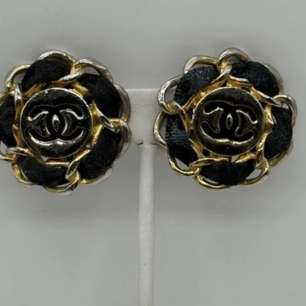 Vintage Authentic Gold Tone Leather Chanel Clip On Earrings